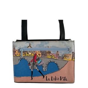 FRANKIE & JOHNNIE Paris Scene Retro Beaded Bag La Dolce Vita Canvas NWOT